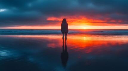 Woman Silhouetted Against Fiery Sunset Ocean