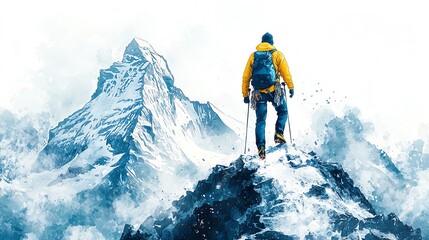 Adventurous climber stands atop a mountain peak, admiring the snowy landscape and majestic mountains in the background, dressed in vibrant outdoor gear.