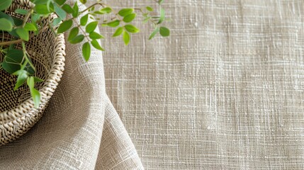 Beige linen fabric with a woven pattern, a wicker basket and green plant in the corner.