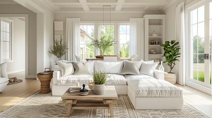 Wall Mural - A living room with a white sectional sofa, a coffee table, and plants.