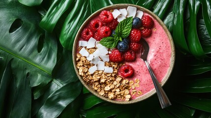 A vibrant bowl of vegan breakfast featuring a berry smoothie base topped with raspberries, blueberries, granola, and coconut. Ideal for a healthy start to the day