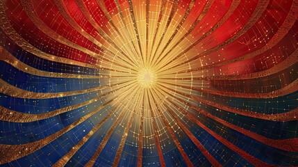 Wall Mural - Bold retro gradient with radial patterns blending deep red gold and blue hues