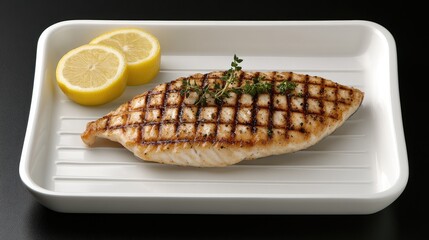 Wall Mural - This dish features beautifully grilled fish adorned with fresh herbs and lemon wedges, presented on a pristine white plate set against a sleek black background