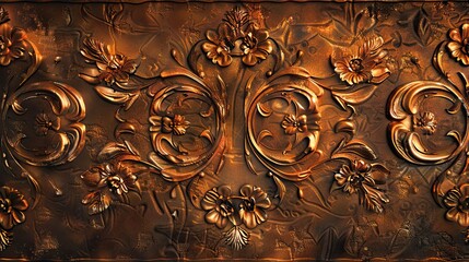 Wall Mural - Background of a vintage metal panel with intricate embossing and warm lighting