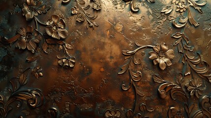 Wall Mural - Vintage metal wall background with embossed floral patterns and aged patina