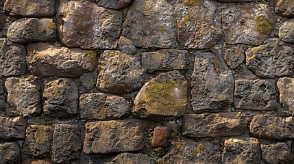 Weathered cobblestone wall backdrop in shades of gray and brown under soft light