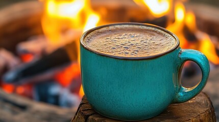 Wall Mural - A cup of coffee sitting on top of a log