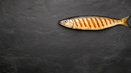 Wall Mural - This dish features beautifully grilled fish adorned with fresh herbs and lemon wedges, presented on a pristine white plate set against a sleek black background