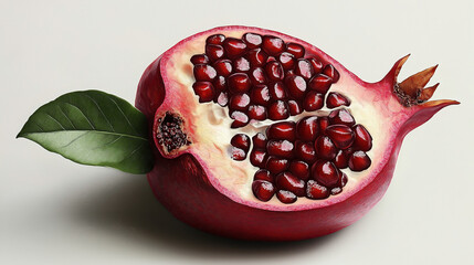 Canvas Print - Close-up of a halved pomegranate with visible red seeds and a green leaf, showing the fruit's texture and seed arrangement inside.