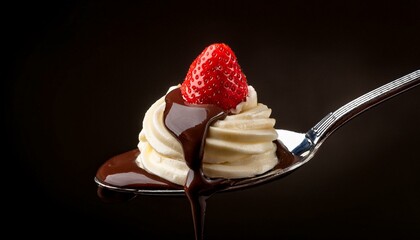 Strawberry with whipped chocolate cream on a spoon. ai generated