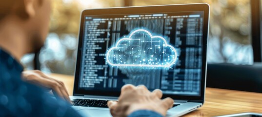 Programmer Working On Laptop With Cloud Computing Icon, Big Data Concept And Digital Transformation.
