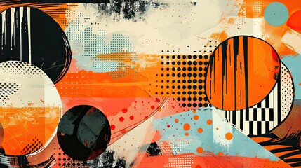 Orange wallpaper with pop art influence featuring geometric shapes and comic motifs