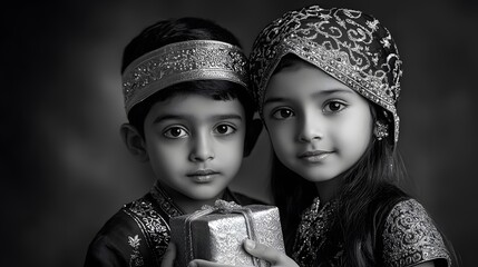 two children in ethnic attire holding a wrapped gift during a festive celebration