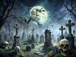 © Sirinporn - Creepy Cemetery Graveyard Bones Skulls Spider Webs Moonlit Night