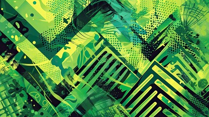 Wall Mural - Pop art-inspired green background with bold zigzag lines and vibrant textures