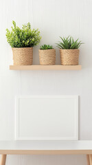 Charming interior scene featuring three potted plants on a shelf above a clean, blank canvas, perfect for home decor inspiration.