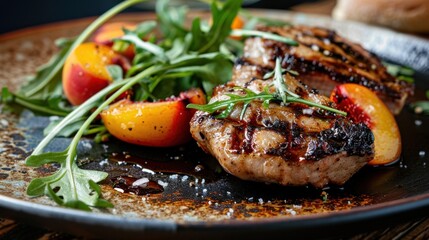 Poster - A plate of grilled meat and vegetables, including grilled chicken, tomatoes