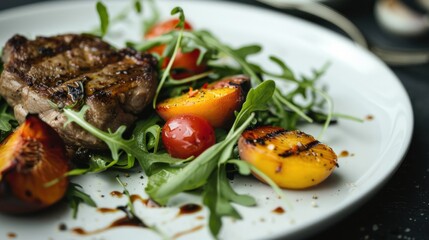 Canvas Print - A plate of grilled meat and vegetables, including grilled chicken, tomatoes