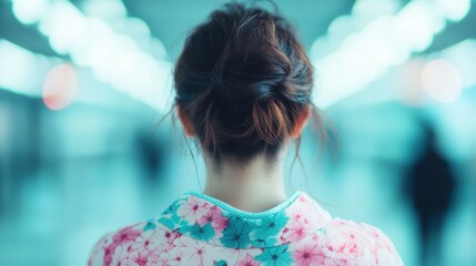 A person wearing a kimono seen from the back, with their hair tied up, standing in a space with blurred lights, evoking a sense of tradition and serenity in a modern setting.