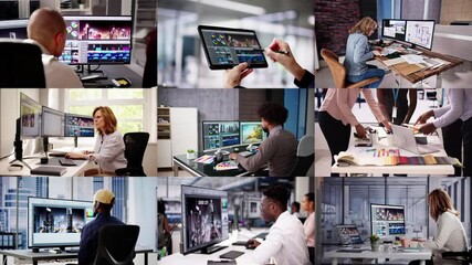 Fototapete - Video And Photo Editors Tech Job Using Computers