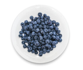 Wall Mural - Round plate with wet blueberries isolated on white. View from above. Health concept. Weight loss.