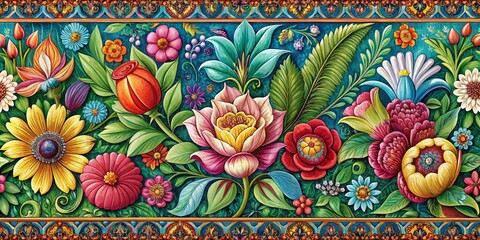 Wall Mural - Detailed floral illustration with intricate borders featuring exotic flowers in vibrant colors and bold brushstrokes