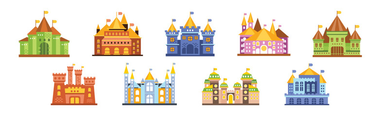 Sticker - Fairytale Medieval Castle with Tower and Flags Vector Set