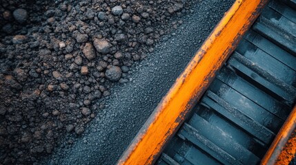 A high-resolution image of asphalt and gravel on the ground next to an active conveyer belt in an industrial setting, showing the processes of material handling and construction equipment in action.