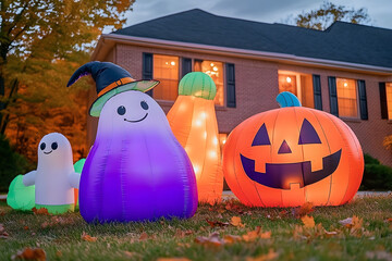 Wall Mural - front yard decorated for Halloween with colorful, kid friendly inflatables such as smiling pumpkins, playful ghosts, and a friendly witch