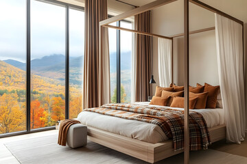 Wall Mural - luxurious bedroom featuring a wooden canopy bed with plaid and terracotta colored pillows. The room has large floor-to-ceiling windows offering a scenic autumn mountain view