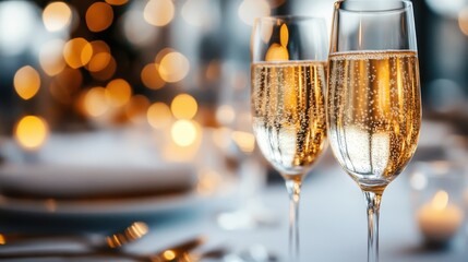 Two elegant champagne flutes filled with a sparkling drink, placed on a table set for a celebratory occasion, highlighted with beautiful bokeh lights in the background.