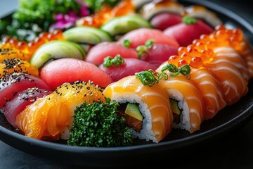 vibrant sushi platter artistic arrangement variety of colorful rolls and nigiri modern fusion cuisine sleek black plate garnishes highcontrast food photography