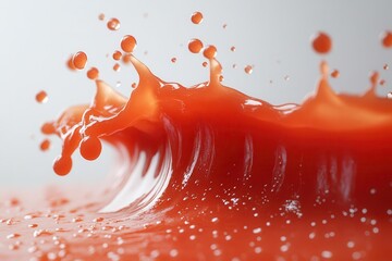 Wall Mural - vibrant tomato ketchup splatters midair frozen in time dynamic composition with droplets and swirls against a stark white background highspeed photography style