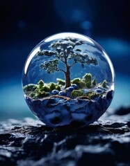 A detailed miniature tree encased in a glass sphere sits atop a textured rocky surface, illuminated against a dark, moody background. The night setting adds a mystical, almost surreal quality to the