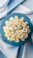 Wall Mural - Top view of Mother's day holiday composition with beautiful white roses on blue wooden background