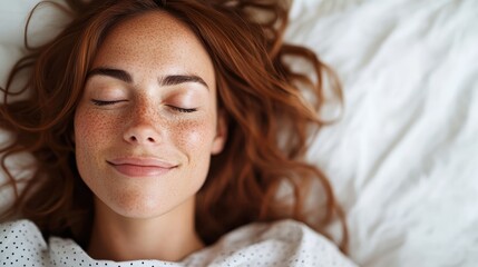 A woman with red hair and freckles rests with a serene smile and closed eyes on a white pillow, portraying relaxation and a peaceful moment in a serene environment.