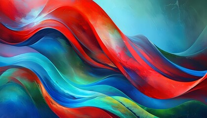 A stunning abstract composition featuring vibrant waves of red, blue, and green hues, creating a dynamic sense of movement and emotion, captivating the viewer with its swirling patterns