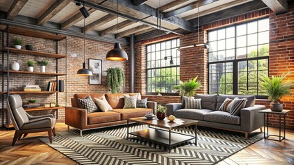 A striking living room combines industrial elements, featuring an exposed brick wall, metal beams, and geometric