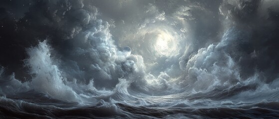 Poster - Stormy Seascape with a Whirlwind of Clouds and a Distant Planet