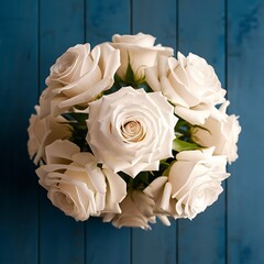 Wall Mural - Top view of Mother's day holiday composition with beautiful white roses on blue wooden background