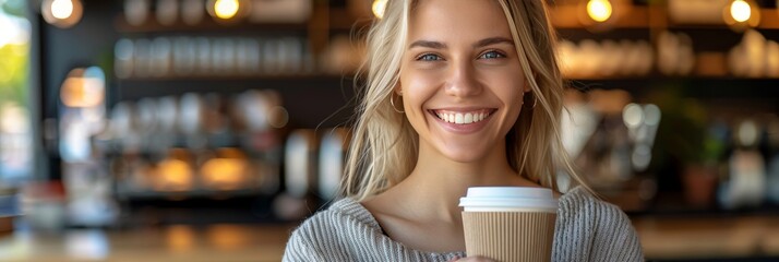 Happy Young Woman Smiling with Coffee at a Cafe, Enjoying a Break and Hot Drink in a Cozy Atmosphere