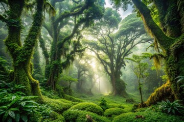 Canvas Print - Lush Ngogo Forest in Uganda's misty mountains, with vines entwined ancient trees, dappled sunlight filtering through the canopy, and a carpet of emerald green undergrowth.