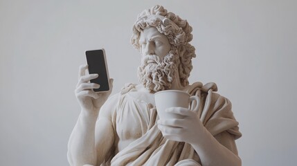 Ancient Greek God Sculpture with Smartphone & Coffee: Classical Art Meets Modern Life, Doomscrolling & Digital Wellness