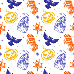 Halloween seamless pattern, banner template for media design in line art style