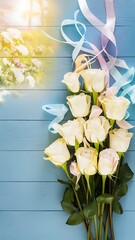 Wall Mural - Top view of Mother's day holiday composition with beautiful white roses on blue wooden background