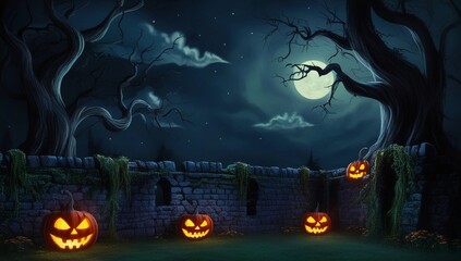 A dark and mystical Halloween night scene background,