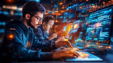 Programmers Working With Holographic Code Display. Software Development, Programming Concept.