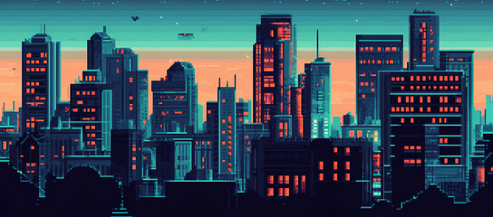 Wall Mural - Pixelated Cityscape with Vibrant Sunset Colors: Digital Art Background for Game Development and Design