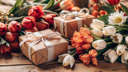 Canvas Print - spring flowers and gifts on a white background