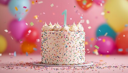 Wall Mural - Colorful First Birthday Cake with Confetti and Balloons